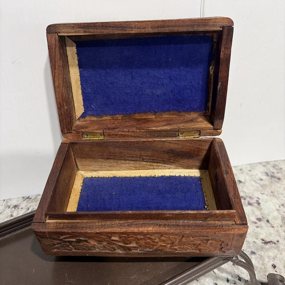 Vintage Carved Wood Jewelry Trinket Box Purple Velvet Lining Handcrafted
